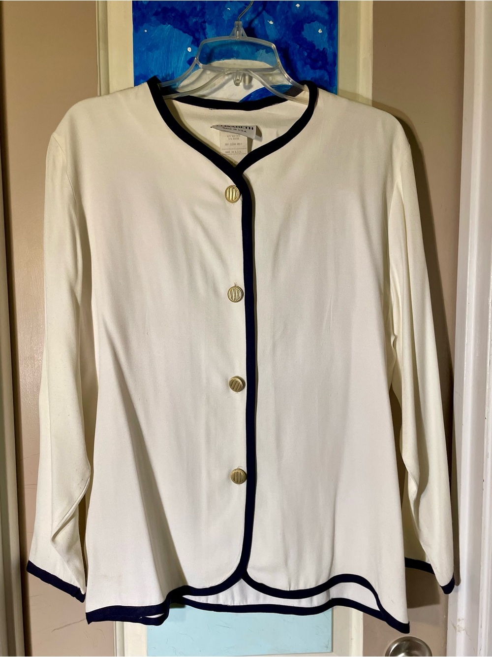 Vintage Cream Button Front Cardigan with Navy Trim